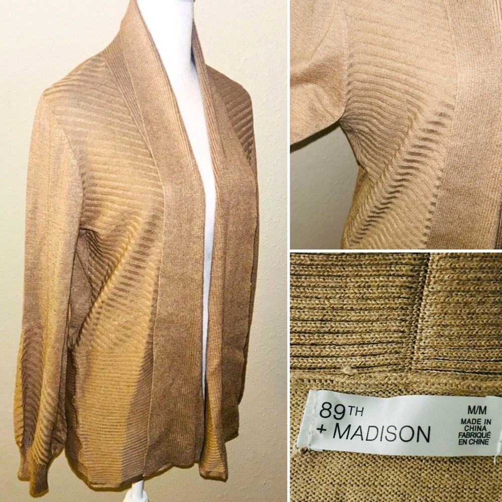 NEW 89th Madison Open Front Tan Cardigan Sweater Caramel Heather Sz Medium NWT